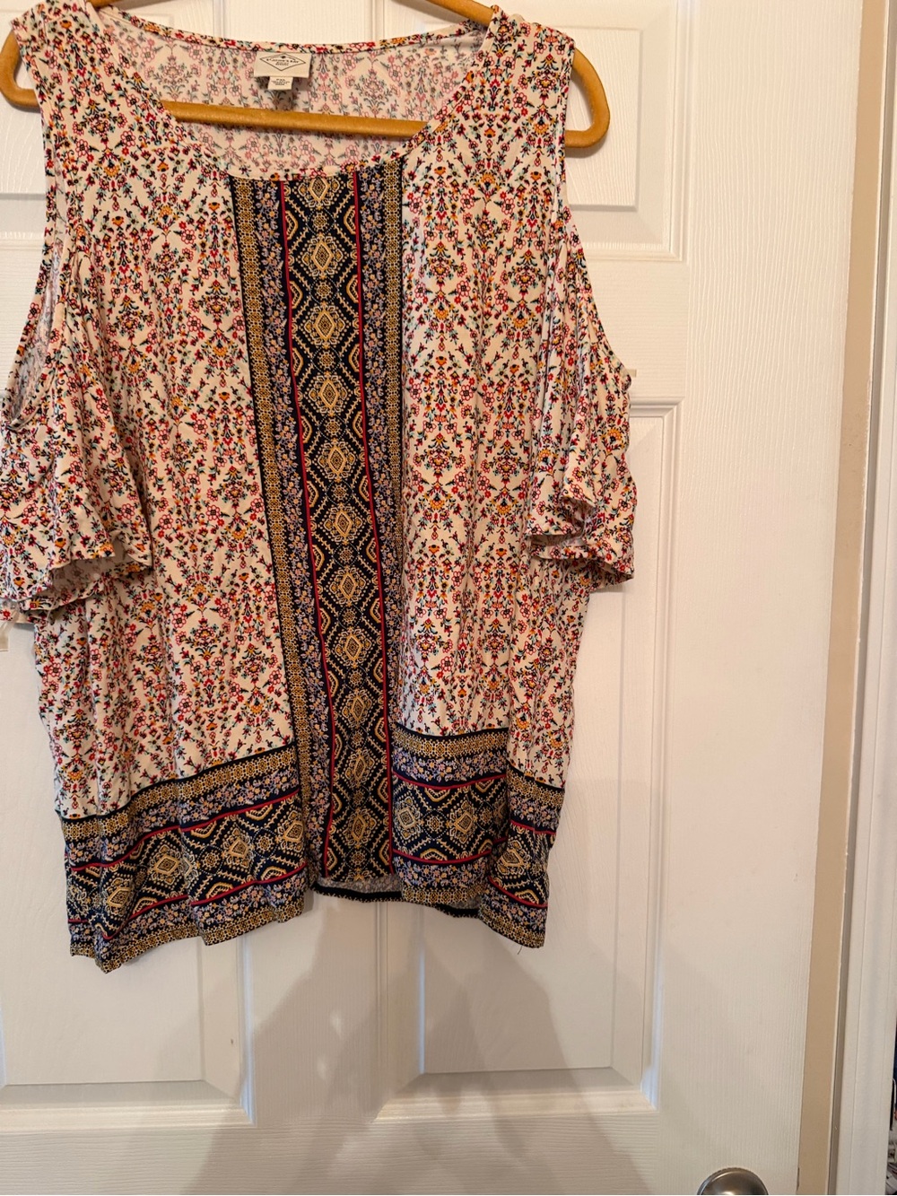 St. John's Bay Women's Cold Shoulder Floral & Geometric Print Blouse